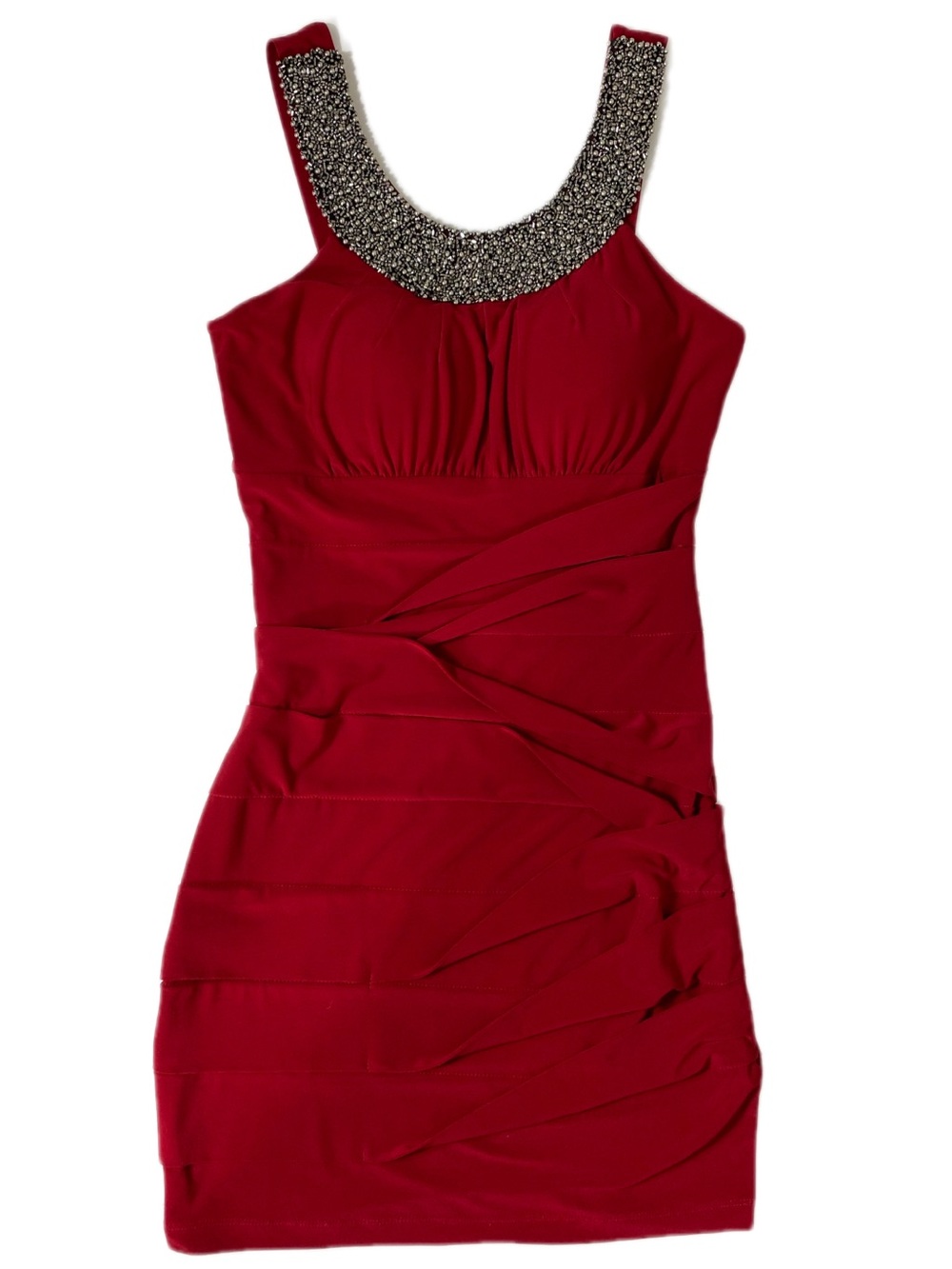 Red Beaded Neckline Bodycon Cocktail Dress Sleeveless Ruched Party Dress